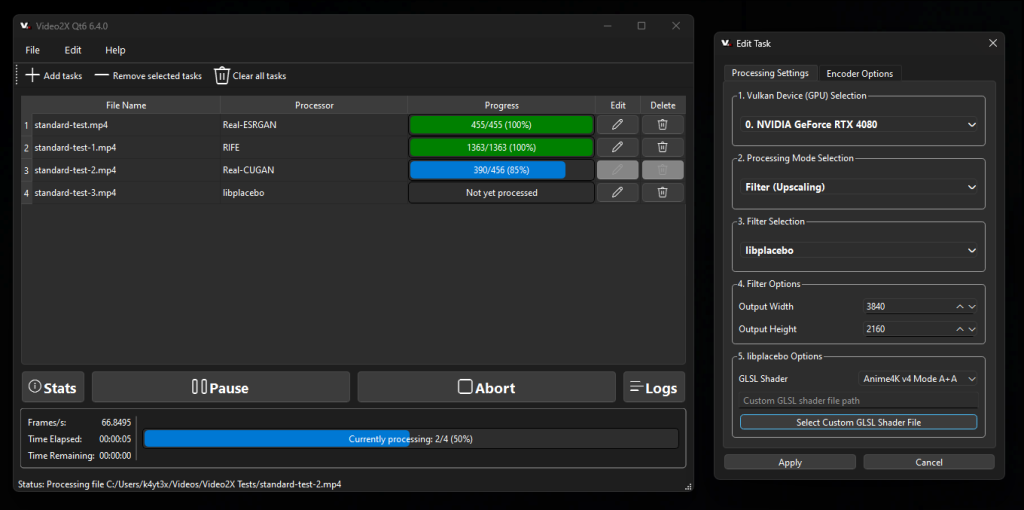 Obraz przedstawiający interfejs graficzny programu Video2X